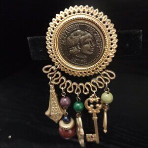 90's Vintage Alexander the Great Coin Replica Brooch Pin with Charms Gold Tone